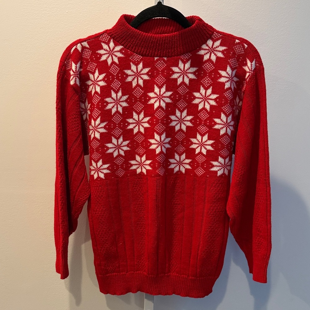 American Pride Vintage Red White Snowflake Turtleneck Sweeter Women Size M Y2K
